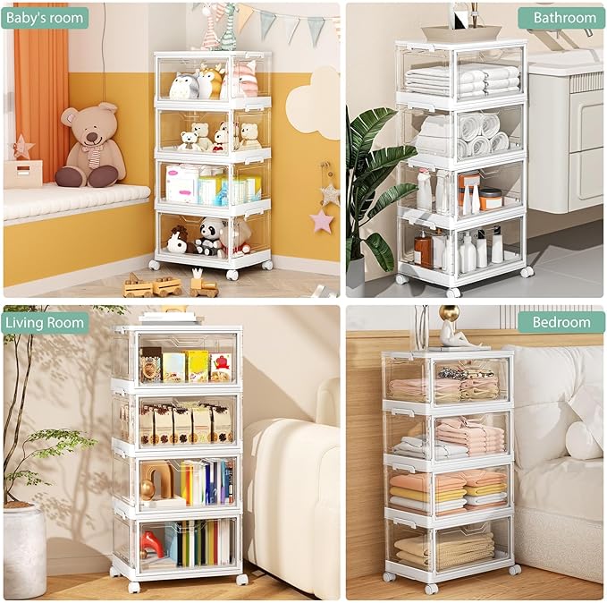 Kmiectse Clear Storage Bins with Lids - 4 Tier 23qt Plastic Stackable Bins | Closet Organizers Box for Bedroom, Living Room, 23 QT Folding Box with Magnetic door