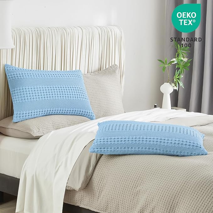 PHF Waffle Weave Pillow Shams King Size, 8 Pack 100% Cotton Pillowcases 20" x 36", No Insert, Soft & Breathable Aesthetic Woven Pillow Case Covers for Bedroom Decor, Sky Blue