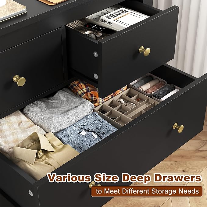 EnHomee Black Dresser for Bedroom with 10 Drawer, Multi-Layer Organization | Modern Wood Chest, 52"W TV Stand Versatile for Living Room Entryway Closet, Metal Frame and Handles, Smooth Glides, Anti-Tip