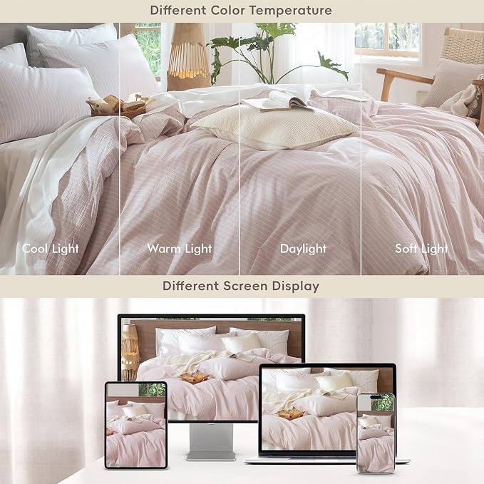 MooMee Striped Duvet Cover Set 100% Washed Cotton Linen Like Queen | Relaxed Linen-like Texture. Soft, Breathable & Long-lasting Comfort. Lightweight. Hidden Zipper with 8 Interior Corner Ties