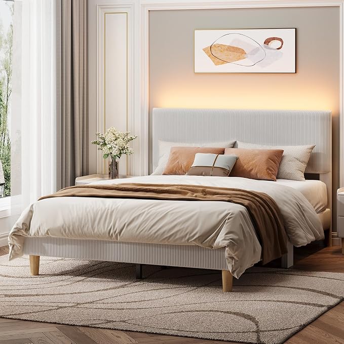 Bestier Queen Bed Frame with Headboard LED Lighting,Upholstered,Light Grey | LED Lighting Headboard,Easy Assembly,No Squeaks,Vertical Channel Corduroy Upholstered,Wood Slats Support,No Box Spring Needed