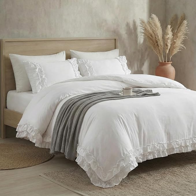 Bedorm White King Duvet Cover Pure Ivory Ruffle Bedding Set Pleat Ruffled Shabby Chic Comforter Cover Extra Soft & Easy Care White Boho Duvet Cover Set