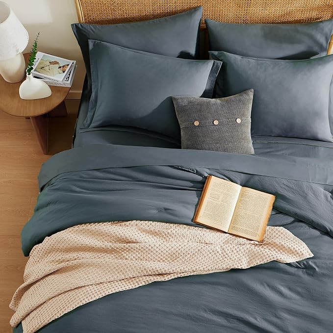 Queen Comforter Set-7 Pieces Soft Prewashed Bed in a Bag Queen Bedding Sets | All Season Comforter with Sheets, Pillow Shams & Pillowcases,Blue Grey
