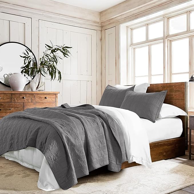 HORIMOTE HOME 100% Cotton Quilt Set Twin Size, Dark Grey Pre-Washed 2-Piece Bedspread Coverlet Set, Cozy Lightweight Stitching Bedding Cover with 1 Sham in Geometric Pattern for All Season