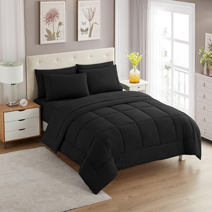 Sweet Home Collection 7 Piece Comforter Set Bag Solid Color All Season Soft Down Alternative Blanket & Luxurious Microfiber Bed Sheets, Black, Queen