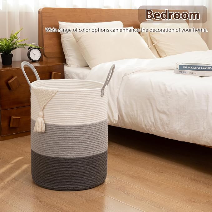 OIAHOMY 60L Nursery Hamper Laundry Basket Laundry Hamper Gradient Grey | collapsible Blanket Basket Cotton Rope Woven Basket Dirty Clothes Hamper Baby Hamper Tall Clothes Hamper with Handles