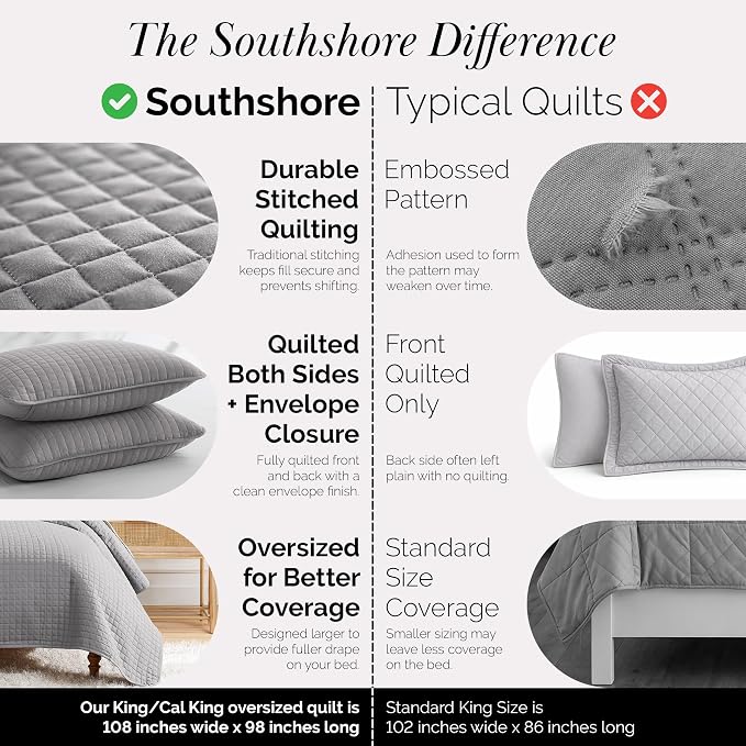 Southshore Fine Living, Inc. Quilt King Size Bedding Set, Cal King Quilt Coverlet Set with 2 Shams, Soft Brushed Lightweight Bedspread, Pet Hair Resistant, Steel Grey