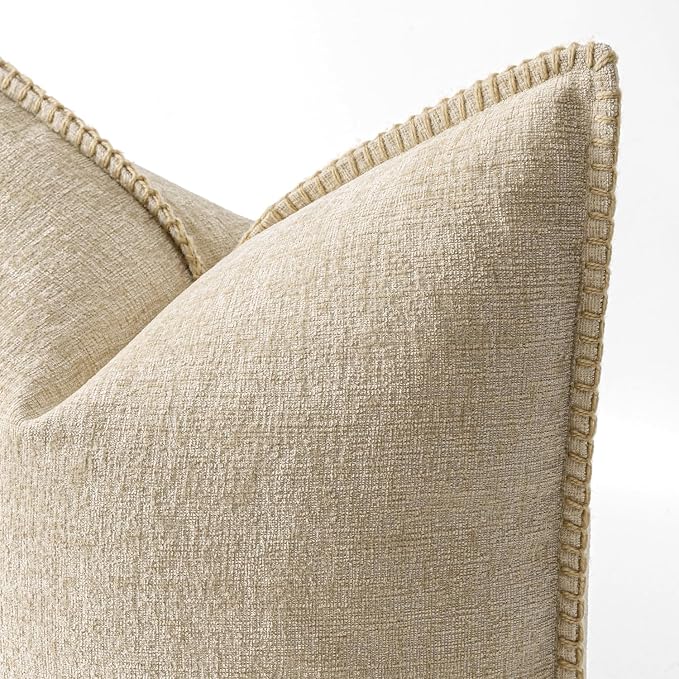 MIULEE Decorative Euro Sham Pillow Covers 24x24 Inch Beige 2 Pack | Neutral Farmhouse Throw Pillow Covers with Stitched Edge, Soft Chenille Cushion Cases, for Couch Sofa Bed Living Room