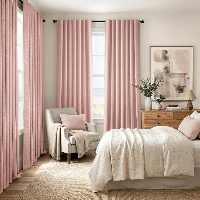 MIULEE 100% Blackout Linen Curtains 42 x 84 Inch Blush Pink 2 Panels | Thermal Insulated, Room Darkening Drapes for Bedroom Living Room, Back Tab Rod Pocket Pinch Pleated, Solid Luxury Decor