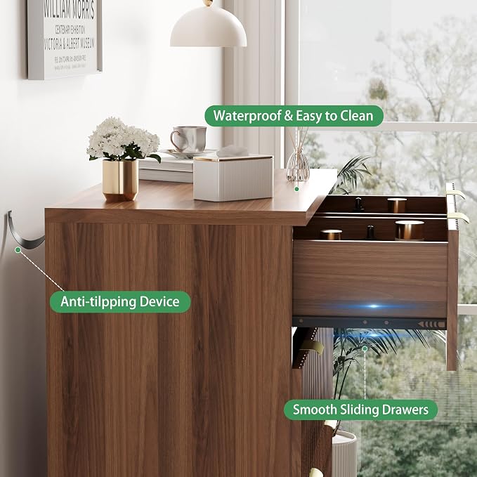Xixini Fluted Dresser for Bedroom with 6 Drawers, 46" Tall Wooden Chest of Drawers with Metal Handle, Wood Dresser TV Stand, Modern Closet Clothes Storage Organizer for Living Room, Hallway, Walnut