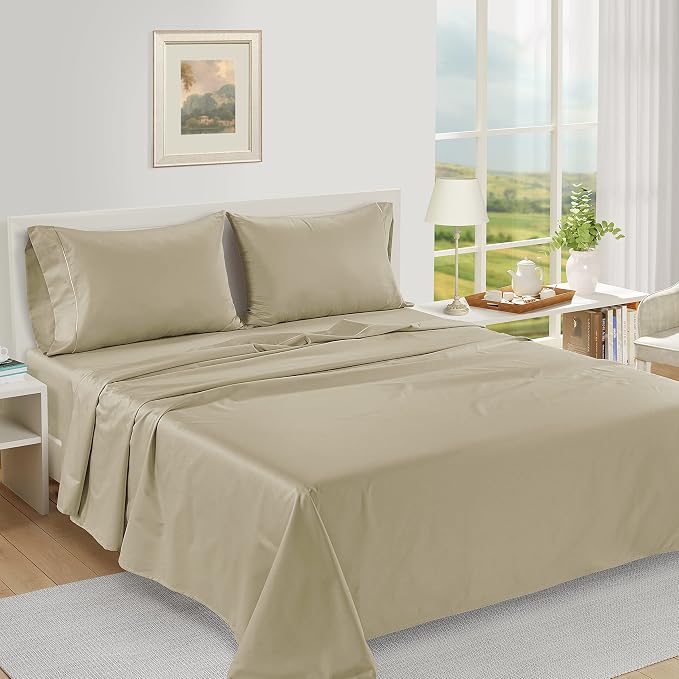 Lane Sandbar 100% Egyptian Cotton Bed Sheets Queen Size, Long Staple Soft & Comfy Sateen Weave No Pill Fade Resistant Queen Size Bedding Set, Machine wash 16'' Deep Pocket Queen Sheets- Sandbar