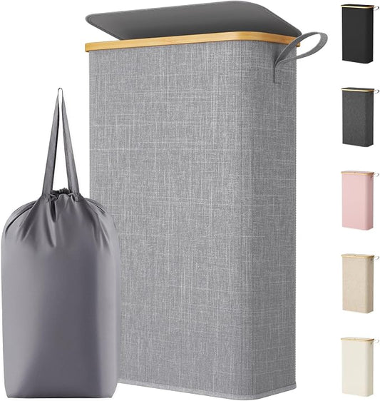 Lifewit 65L Slim Laundry Hamper with Lid, Narrow Laundry Basket with Removable Bag & Bamboo Handles, Fodable Thin Dirty Clothes Hamper for Laundry Collapsible Bin for Bathroom Bedroom Dorm, Gray