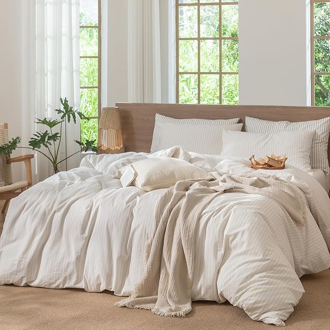 MooMee Striped Duvet Cover Set 100% Washed Cotton Linen Like Full | Relaxed Linen-like Texture. Soft, Breathable & Long-lasting Comfort. Lightweight. Hidden Zipper with 8 Interior Corner Ties