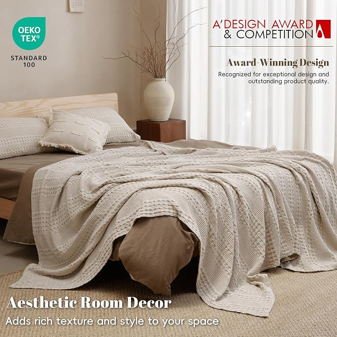 PHF Lightweight 100% Cotton Waffle Blanket for Bed, King, Light Taupe | Pre-Washed Soft Cotton Comfort, Breathable Layering Warmth for Fall & Winter, Bed, Sofa, Couch, Home Decor & Gifts