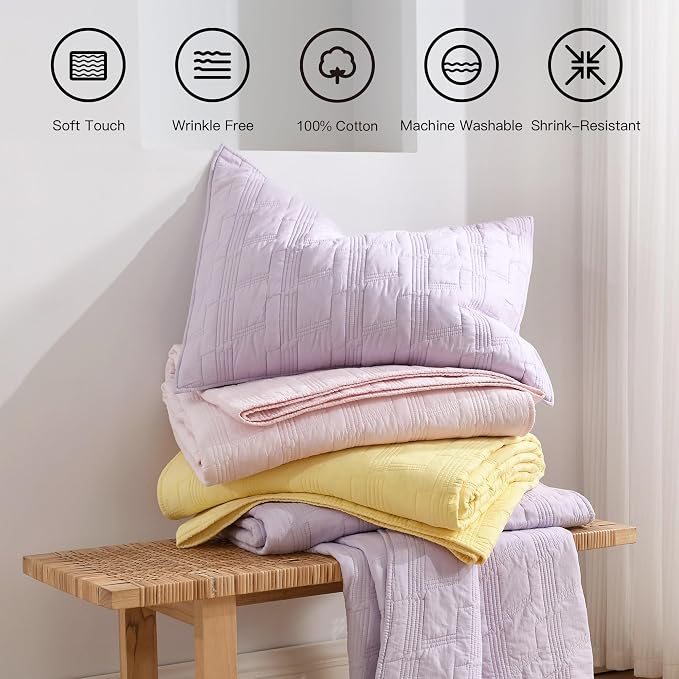 HORIMOTE HOME 100% Cotton Quilt Set Queen Size, Lavender Pre-Washed 3-Piece Bedspread Coverlet Set, Cozy Lightweight Stitching Bedding Cover with 2 Shams in Geometric Pattern for All Season