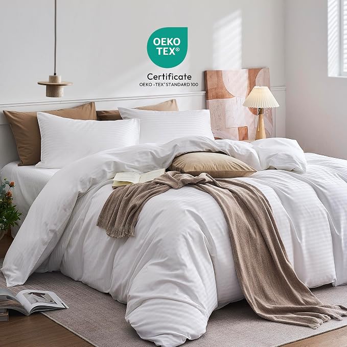 JELLYMONI 100% Cotton Sateen Striped Full Duvet Cover Set, White | Breathable Softness, Oeko-Tex Certified, Classic Stripes, 8 Corner Ties & Double Hidden Zipper