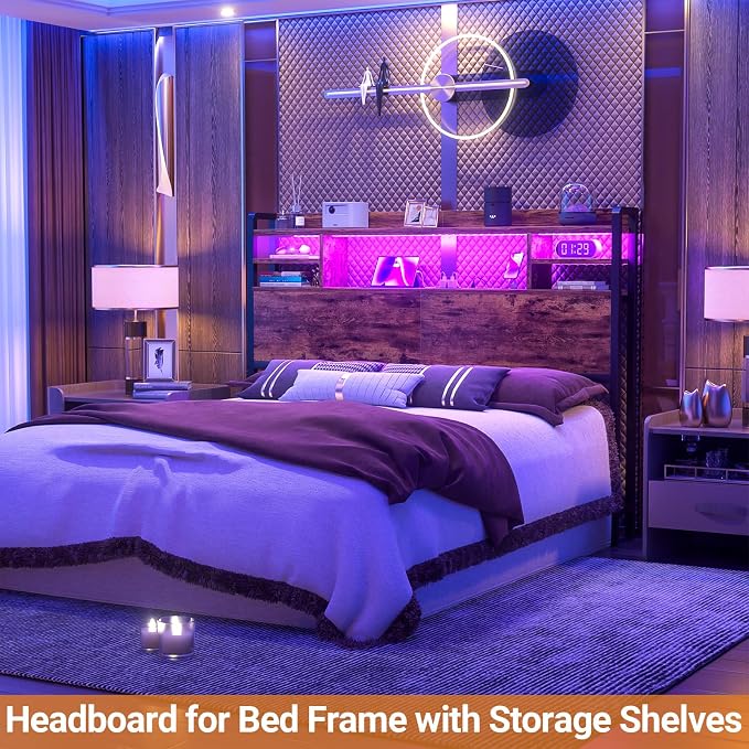Aheaplus Headboard for Queen Size Bedwith Storage and Outlets, Rustic Brown | Headboards with LED Light, Power Outlets, USB Ports Queen Size Head Board, Wood headboard Only Sturdy and Stable Headboards
