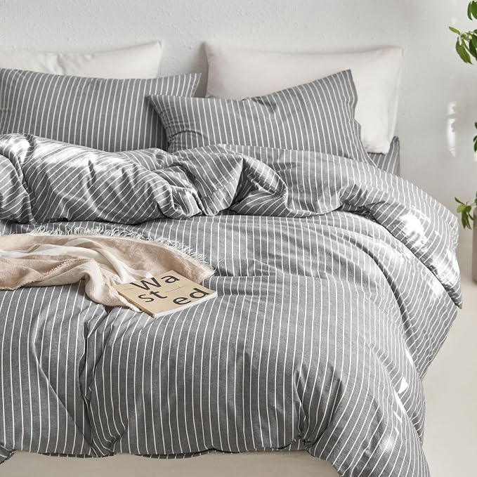 MooMee Striped Duvet Cover Set 100% Washed Cotton Linen Like Queen | Relaxed Linen-like Texture. Soft, Breathable & Long-lasting Comfort. Lightweight. Hidden Zipper with 8 Interior Corner Ties