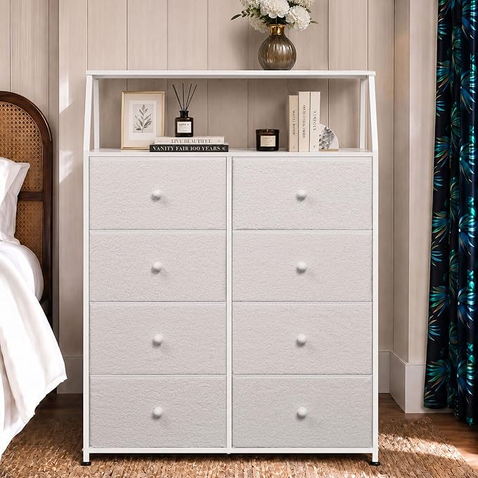 WLIVE Cream Boucle 8-Drawer Fabric Dresser Storage Tower Bedroom | Boucle fabric 8-drawer dresser with open shelves, stylish nursery dresser for baby girl room kids bedroom closet storage