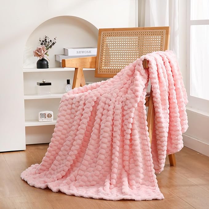 Puncuntex Light Pink Throw Blanket 60"×80" Fuzzy 3D Jacquard Decorative | Flannel Fleece Super Soft Plush Cozy Blanket for Couch Sofa Chair Lightweight