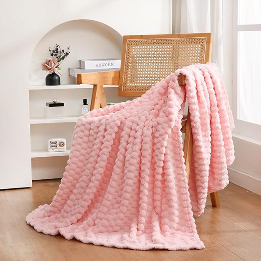 Puncuntex Pink Throw Blanket 50"×60" Gifts for Mom Fuzzy 3D Jacquard | Decorative Flannel Fleece Super Soft Plush Cozy Blanket for Couch Sofa Chair Lightweight