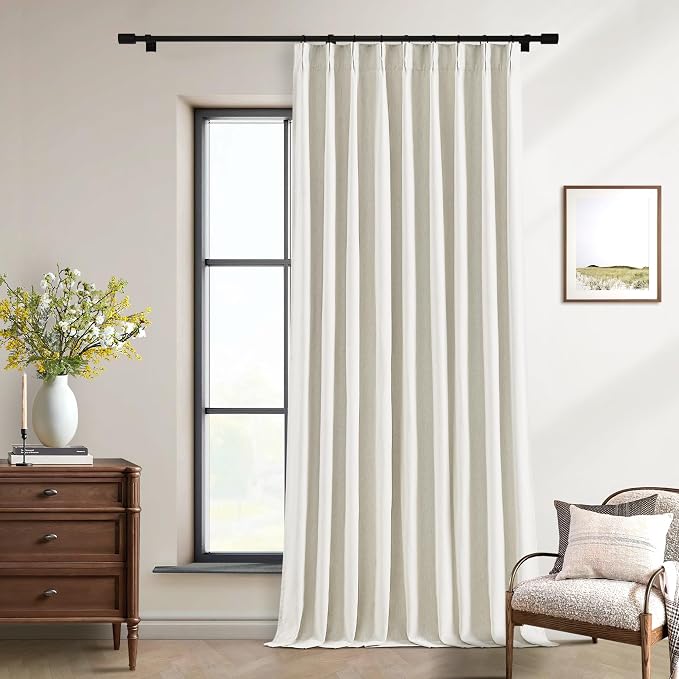 Natural Pinch Pleat 100% Blackout Linen 108 Inch Long Curtains 60 Inch Wide | 2 Layers Design, Thermal Insulated Black Out, Cream Ivory, Extra Wide Curtains for Sliding Door Living Room Bedroom 1 Panel