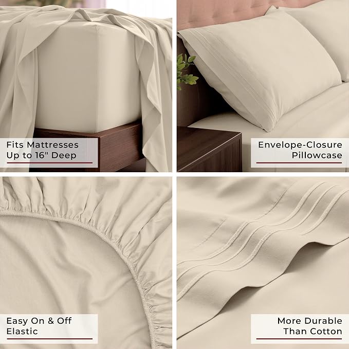 Mellanni Iconic 4-Piece, Ultra Soft Sheet Set (King, Beige) | 10M+ Sleepers. Lab-tested: Sleeps Cool, Stays Bright, Strong, Smooth. Good Housekeeping Best Bedding, 7 yrs running.