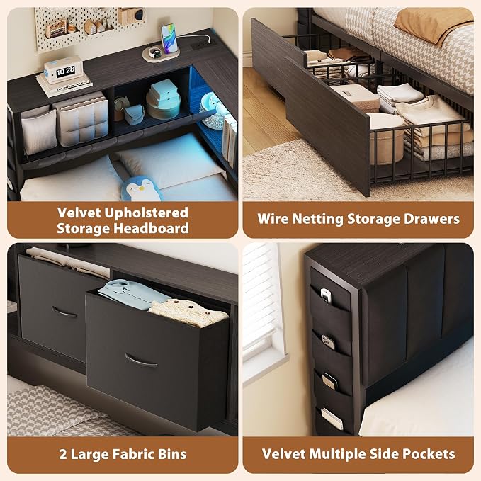 MapleGrace Twin Corner Bed Frame with Upholstered Storage Headboard and Drawers, Metal Platform Bed Frame with LED Light and Charging Station, Twin Daybed for Living Room, Bedroom & Guest Room, Black