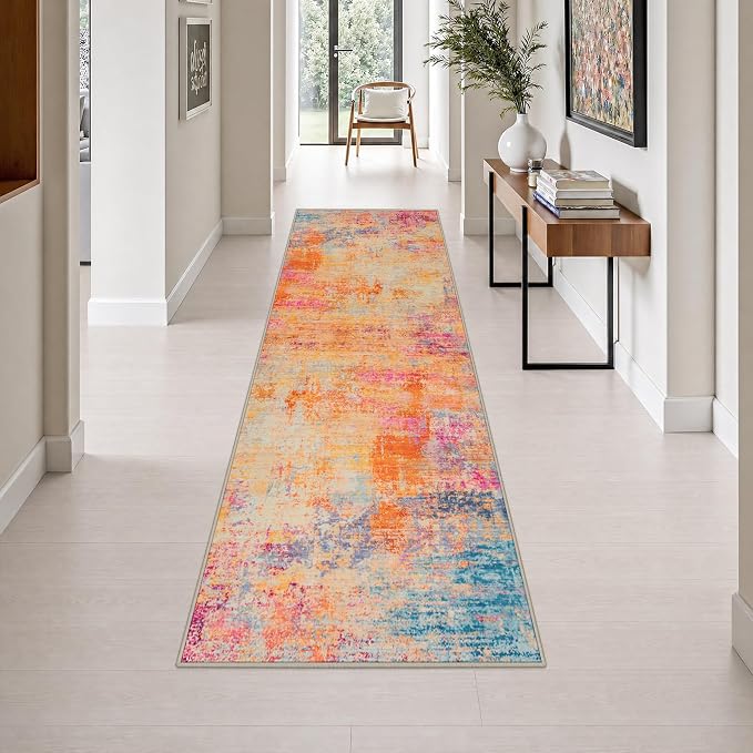 2.6x10 Washable Runner Rug:Modern Abstract Soft Carpet Galaxy Haze | For Hallway, Bedroom, Kitchen, Laundry, Bathroom,Door Mat,Modern Abstract,Machine washable,Non-Slip,Stain Resistant,Indoor