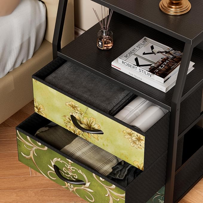 Furnulem Retro NightStand with 3 Drawer, Small Vintage Storage Dresser | Small Fabric Night stand Side Table with 2-Tier Shelf, Storage Drawer for Dorm, Closet, Bedside Table, Metal Frame, Wood Top