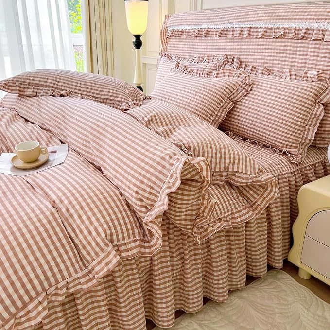 LifeTB Pink Gingham Comforter Set Twin XL Vintage Ruffle Pink Plaid Comforter Set Soft Fluffy 3 Pieces Grid Checkered Pattern Comforter with 2 Pillowcases Farmhouse Gingham Bedding Set Twin XL
