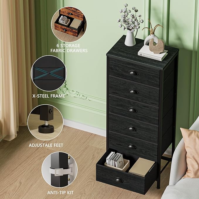 Furnulem Black Dresser for Bedroom, Tall Fabric Chest of Drawers | Bedroom Dresser with 6 Fabric Bins, Vertical Storage Drawer for Dorm, Organizer in Closet, Living Room, Wood Top, Metal Frame