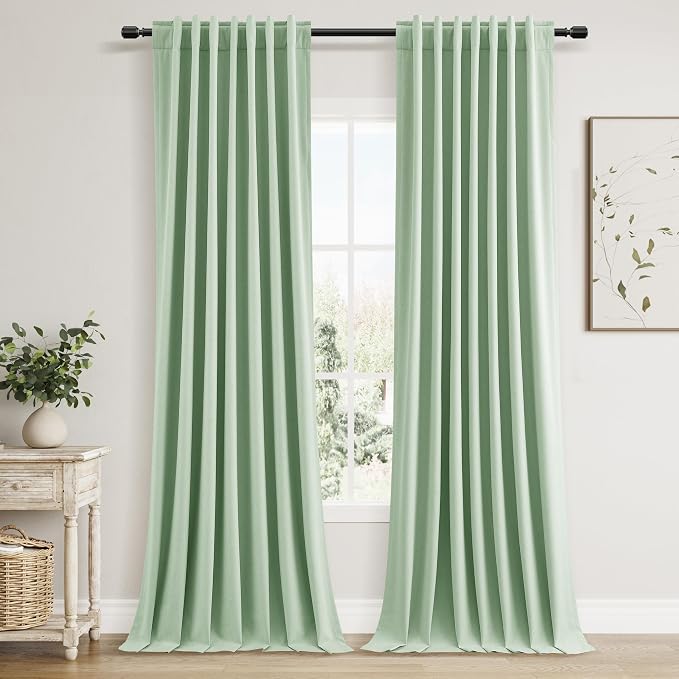 Aqua Green 100% Blackout Linen Curtains 90 Inch Length 2 Panels Set for Living Room Bedroom Back Tab Thermal Insulated Black Out Drapes Room Darkening Window Curtains 90 Inches Long