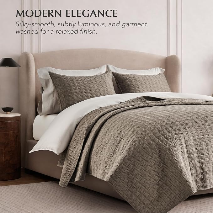 EVERGRACEHOME Cotton Sateen Windowpane Quilt Set King Size, Mocha Brown | 100% Cotton, Pre-Washed Soft Coverlet Bedspread, 3-Piece Lightweight Bedding Set for All Season, with 2 Pillow Shams