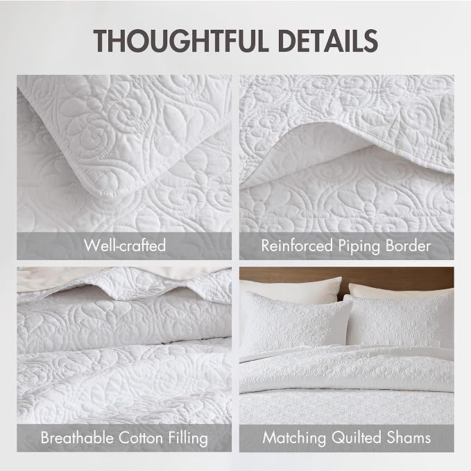 Madison Park Twin Quilt Bedding Set, Cottage-Inspired Damask, 2PC | All Season Quilted Coverlet, Classic Stitch Pattern Bedspread & Shams, Ultra Soft Microfiber Bedspread Set, White