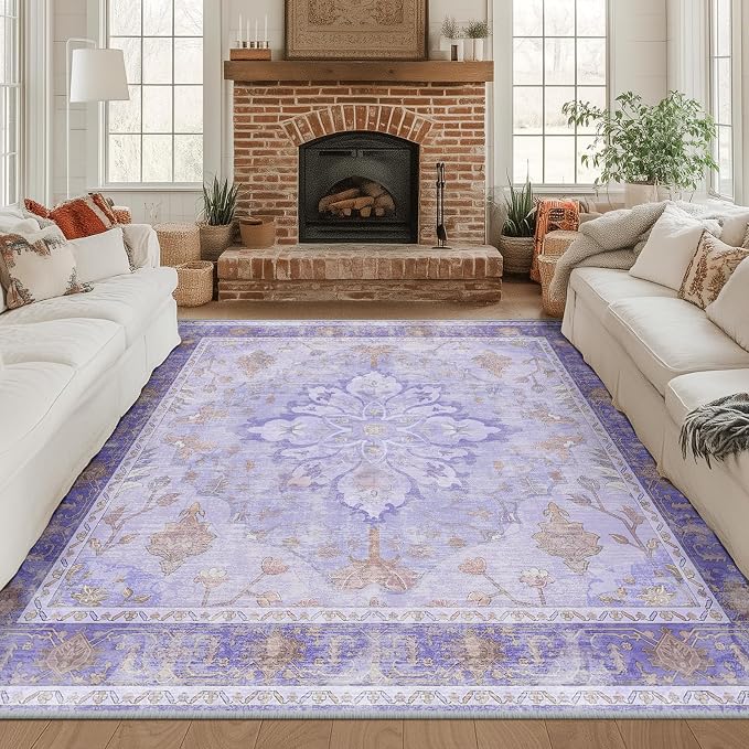 RELEANY Washable Area Rug, Square 8'x8', Purple | Non-Slip, Water Repellent, Pet Friendly, Easy to Clean, Vintage Floral Boho Decor for Living Room Bedroom Dining Room Office