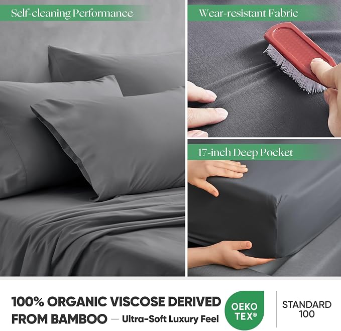 Silver Infused Bed Sheets Set, Temperature-Regulating Fabric with Self-Cleaning Technology for 3X Freshness Sleep, Genuine Organic Viscose Derived from Bamboo (King, Darkgray)