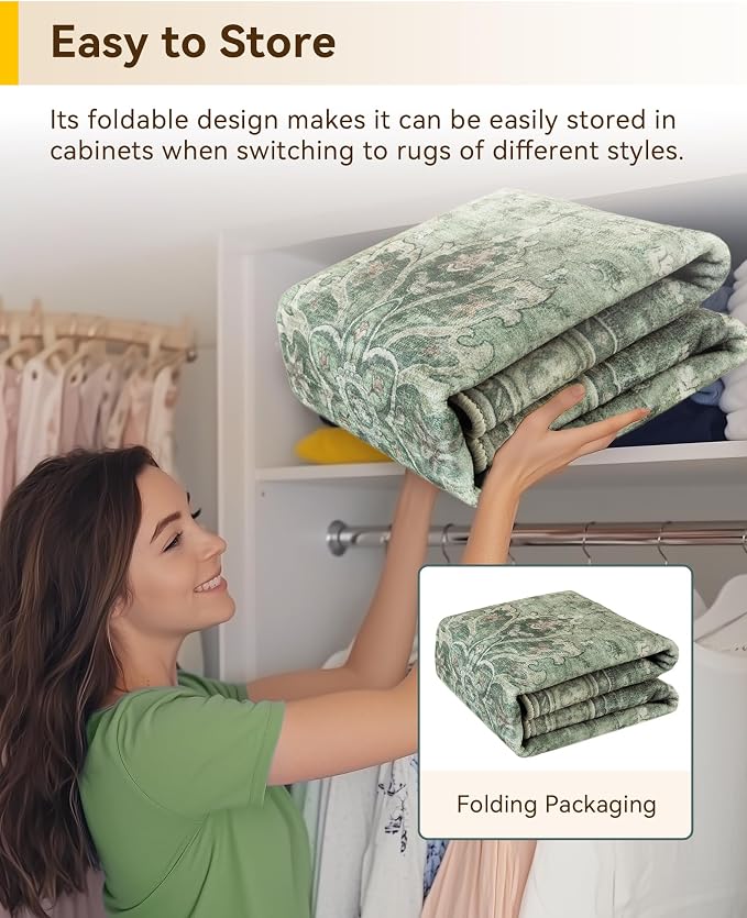RELEANY Washable Area Rug, Small 2'x4', Green/Dark Green/Gray | Non-Slip, Water Repellent, Pet Friendly, Easy to Clean, Vintage Floral Boho Decor for Kitchen Entryway Bathroom