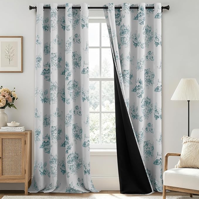 SimpleHome 100% Blackout Curtains for Bedroom Blue Curtains Floral 96 Inch | Curtains for Living Room,Farmhouse Curtains and Drapes,Grommet Printed Patterns Room Darkening Curtains,2 Panels Set,52Wx96L