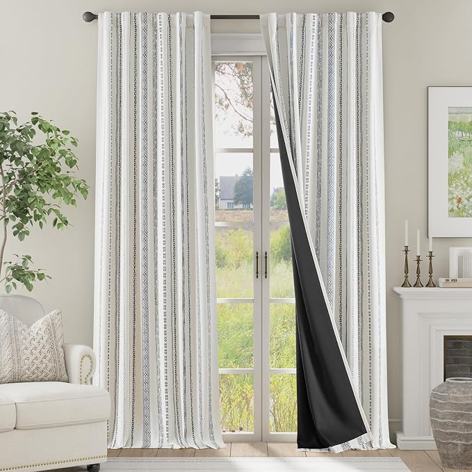 jinchan Boho Blackout Curtains 96 Inches Long for Bedroom Living Room | Black on Beige Geometric Back Tab Farmhouse Curtains Room Darkening Thermal Window Treatments 2 Panels