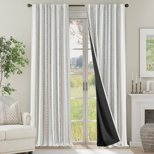 jinchan Boho Blackout Curtains 96 Inches Long for Bedroom Living Room | Black on Beige Geometric Back Tab Farmhouse Curtains Room Darkening Thermal Window Treatments 2 Panels