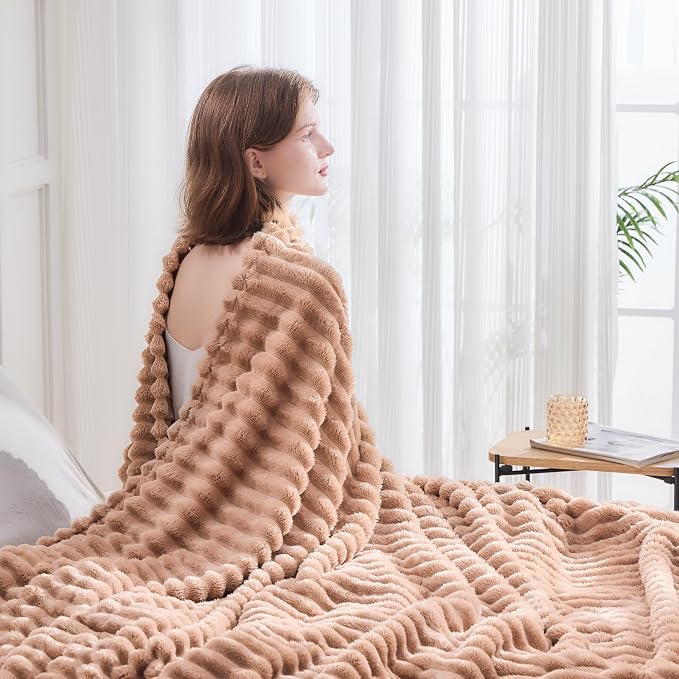 NEWCOSPLAY Fleece Ribbed Cozy Queen Blanket for Couch, Taupe, 90"x90" | Premium Silky Flannel Blanket, Soft Lightweight Fluffy Throw Blanket for Bed Sofa Decor, Gift for All Season Use
