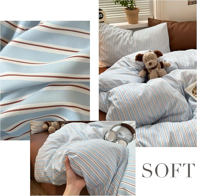 mixinni Vintage Striped Full Duvet Cover Set, Washed Microfiber Coastal Bedding, Light Blue Brown Vertical Stripe Comforter Cover with Zipper & Corner Ties, (1 Duvet Cover + 2 Pillowcases)