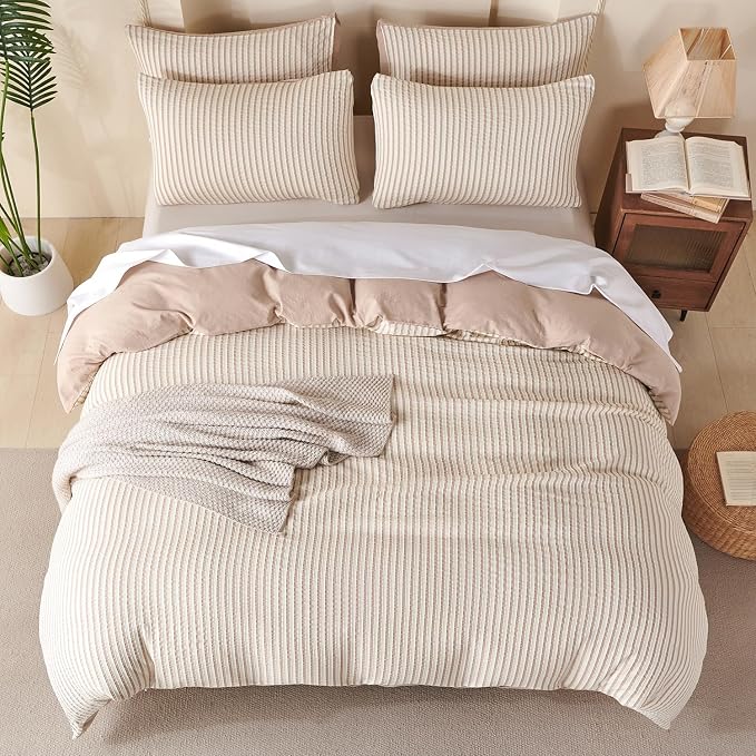 Comforter Queen Set Beige Striped Soft Luxury Washed Microfiber Jacquard 3 Pieces Bedding, White Beige Vertical Ticking Stripes Pattern Comforter with 2 Pillowcases Breathable Durable Comfy