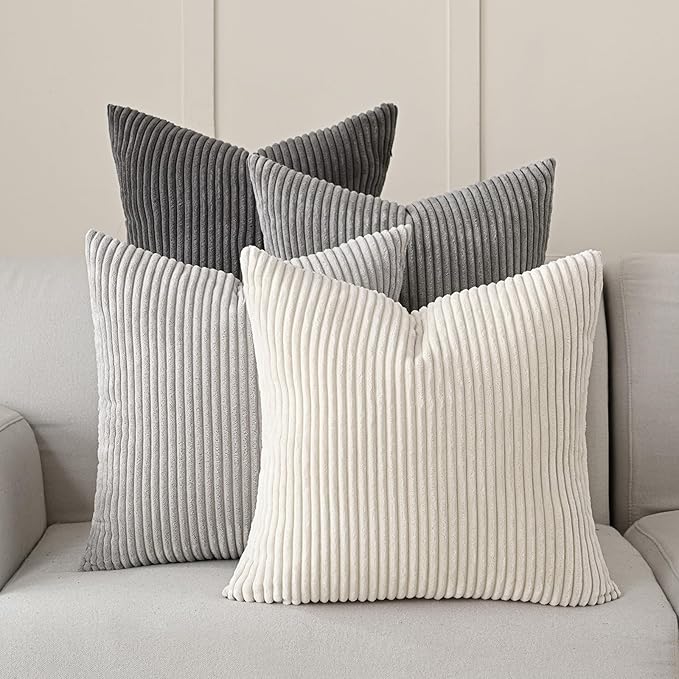 Volcanics Set of 4 Neutral Grey Corduroy Couch Throw Pillow Covers 20x20 in | Decorative Modern Farmhouse Striped Cushion Cases, Soft Boho Square Accent Pillow Covers for Home Sofa