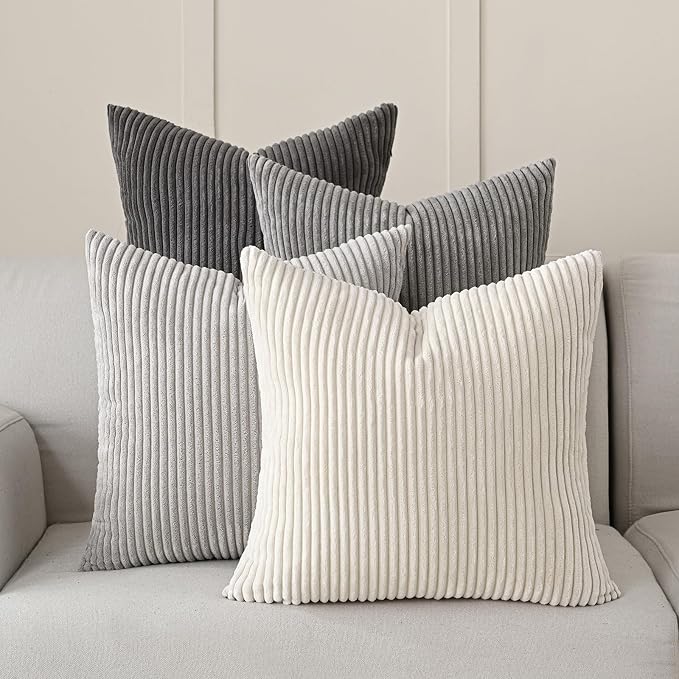 Volcanics Set of 4 Neutral Grey Corduroy Couch Throw Pillow Covers 18x18 in | Decorative Western Modern Farmhouse Striped Cushion Cases, Soft Boho Square Accent Pillow Covers for Home Sofa