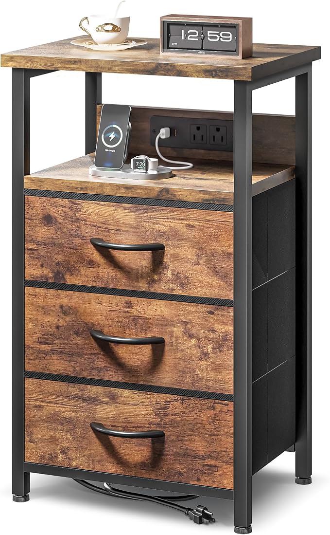 Lazzanto Night Stand with Charger Station, 3 Fabric Drawers, Brown | Nightstand, Bedside Table, Open Shelf, Built in USB-A, USB-C Port & AC Outlets, For Bedroom, Dorm, Living Room