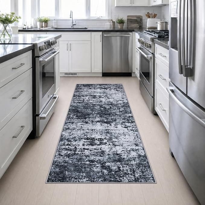 3x8 Washable Runner Rug：Modern Abstract Kitchen Carpet Black | For Hallway, Bedroom, Kitchen, Laundry, Bathroom,Door Mat,Modern Abstract,Machine washable,Non-Slip,Stain Resistant,Indoor