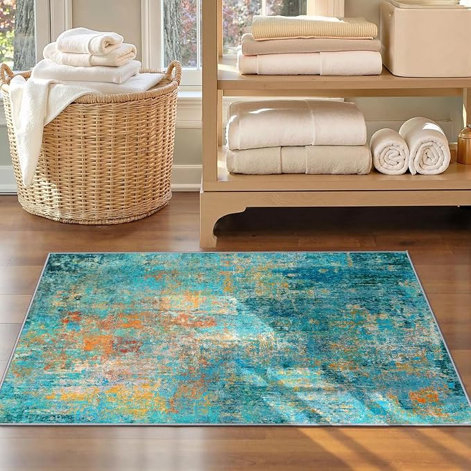 RELEANY Washable 3'x5' Abstract Area Rug for Living Room Teal Multi | Carpet for Bedroom, Kitchen, Office, Hallway and Entryway, Printed Pattern, Non‑Slip, Soft, Stain‑Resistant, Easy to Clean
