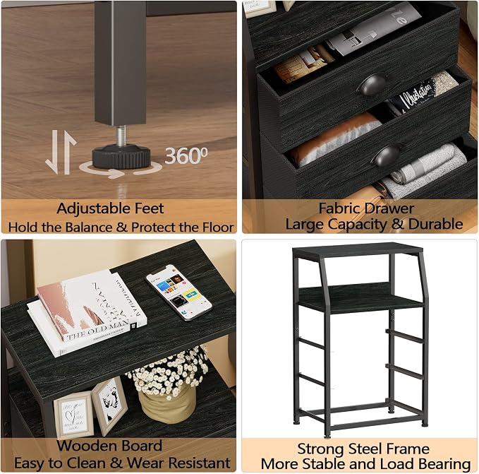 Furnulem Black Night Stand, Small Bedside Table for with 3 Fabric Drawers | Night stand with Drawers and 2-Tier Shelf, Small Dresser with Metal Frame and Wood Top, Storage Drawers for Dorm, Living Room